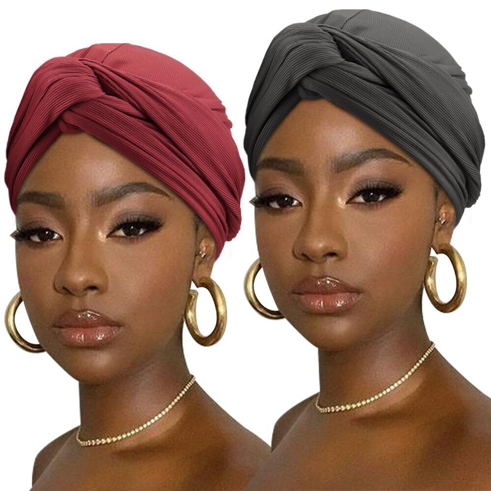 1003 Knotted Headwraps Stretch African Ribbed Turban Head Scarf for Black